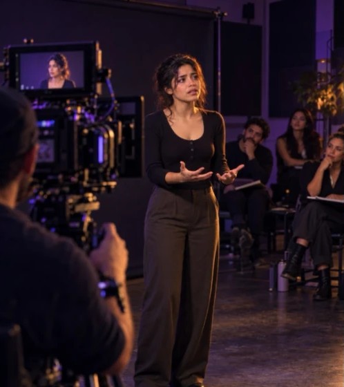 An actress performing in front of a camera during a class