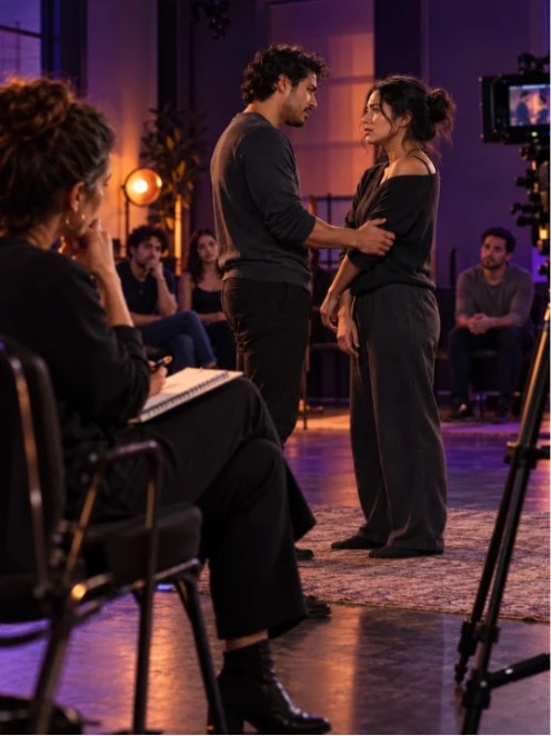 Actors rehearsing a scene in a studio while a coach takes notes